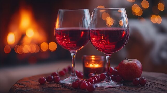 Cozy Evening with Red Wine by the Fireplace