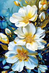 abstract floral background with white flowers on blue background, digital painting