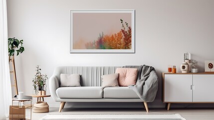 Modern living room interior with sofa. Painting on wall. 