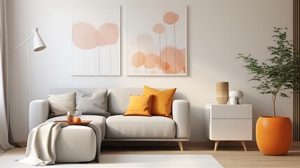 Modern living room with sofa. Painting on wall. 