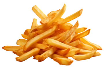 Foto op Plexiglas Salty Flying French fries PNG or crispy floating potato fries PNG isolated on a white and transparent background - high calories fast food Banner advertising concept © Stock - Realm
