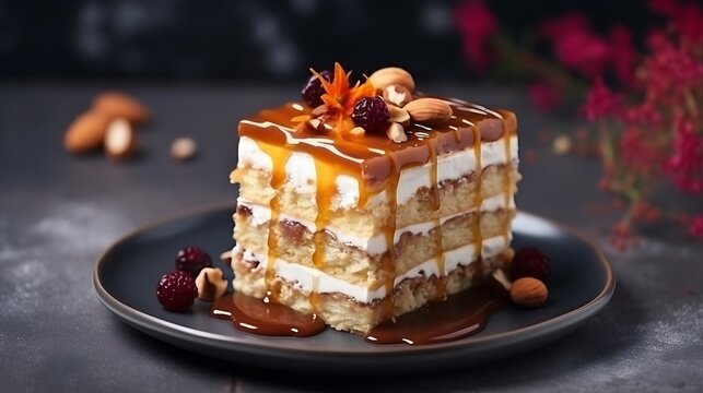 Cake desset in a plate. Closeup. 