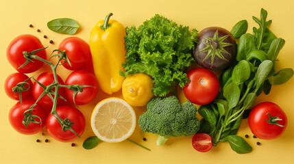 fresh healthy vegetables on yellow background.