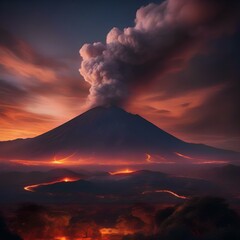 A towering volcano looming on the horizon, its fiery glow visible against the night sky1