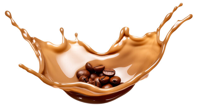 flying Brown Milk coffee PNG coffee liquid swirl splash with coffee beans isolated on white and transparent background - coffee shop drinks advertising concept - coffee shop banner