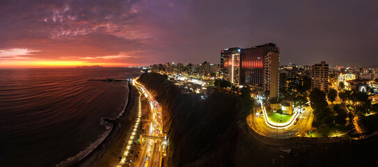 Capital of Peru: Lima coastline skyline by night showing miraflores neighbourhood