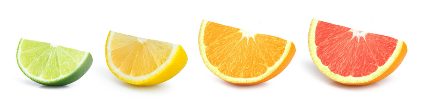 Sliced of fresh citrus fruits (lime, lemon, orange fruit, red grapefruit) isolated on white background. 