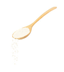 Pouring collagen powder from wooden spoon isolated on white background.