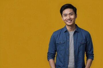 Fototapeta premium Asian male person with smile on face and hands in pockets next to empty space on dark yellow background. Young handsome man next to a place for advertising text in studio.