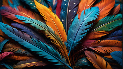 colorful feathers leave on the wall live wallpaper 3d abstraction. Abstract seamless pattern peacock feather background. Multicolored feathers above on an interior wall hanging mural painting. AI gene