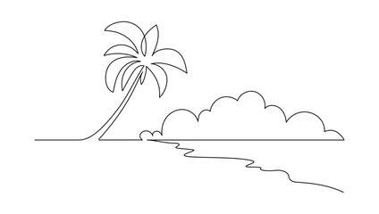 One continuous line drawing of beach with palm tree. Abstract tropical landscape with sea and clouds in simple linear style. Travel vacation in editable stroke. Doodle summer vector illustration