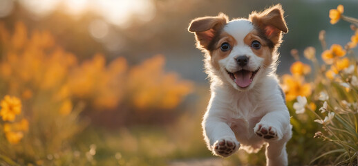Energetic puppy playing in a flower field