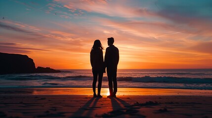 Fototapeta na wymiar Romantic Couple Silhouette on Beach at Sunset, Holding Hands by Ocean