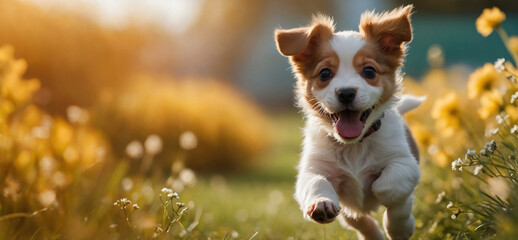 Energetic puppy playing in a flower field