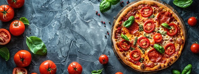 Top view of pizza image for menu advertising, restaurants promotional flyer and poster concept, delicious tasty pizza with cheese and sausage. an idea for a banner or advertisement