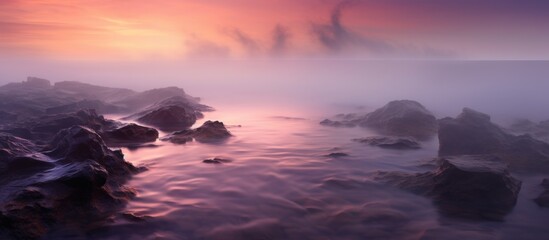 The rugged shoreline is illuminated by the pink and purple hues of the setting sun, creating a...