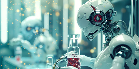 Robot humanoid working in laboratory with chemicals 3d rendering, A robot holding a chemical flask in its hand