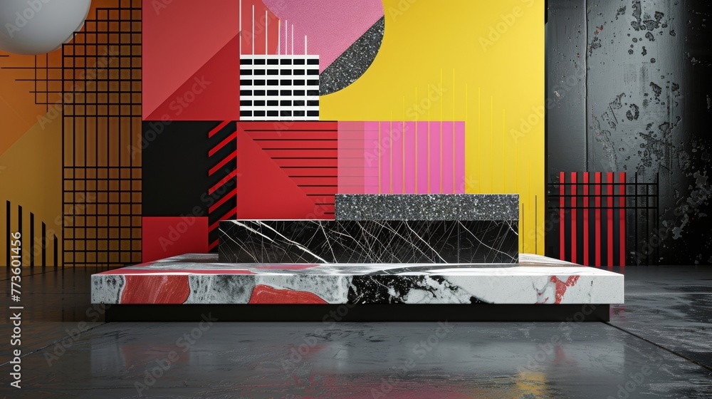 Poster a minimalist podium decorated with a chromatic matrix pattern using bold colors and geometric shapes