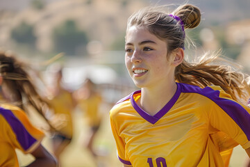 Latin girl outdoors on a football field, wearing a jersey t-shirt on a sunny day.