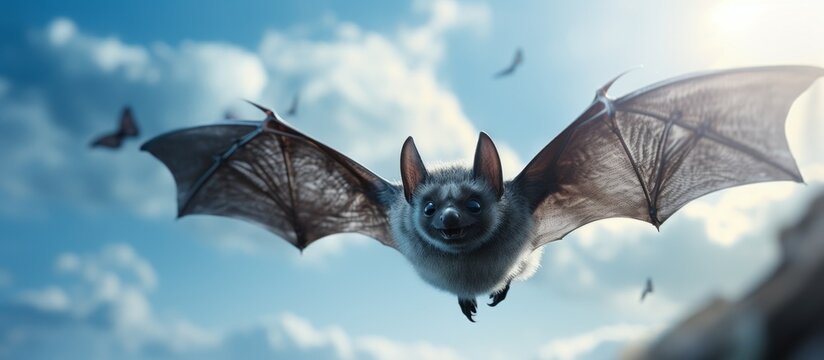 The nocturnal creature, a bat, gracefully soars in the sky, showcasing its wide wingspan in flight