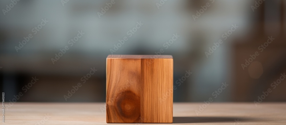 Poster a single wooden block placed on a flat surface of a table