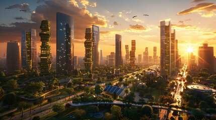 A Futuristic Cityscape at Dusk  Integrating Advanced Technology and Green Spaces to Forge a Sustainable Urban Ecosystem - obrazy, fototapety, plakaty