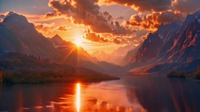 video Fantasy landscape with river and mountains at sunset