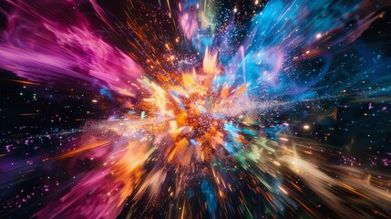 A fusion of neon particles and abstract shapes collide in a brilliant explosion of color and motion. - obrazy, fototapety, plakaty