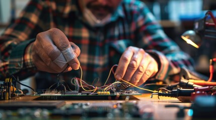 Electronics expert delicately testing and fixing circuitry on tech workshop desk