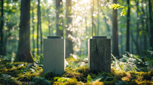 In a serene forest setting these ecofriendly podiums stand as a symbol of innovation and preservation. Made from repurposed materials . .