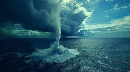 The sudden appearance of a waterspout a twisting column of water and clouds spiraling upwards from the oceans surface. - obrazy, fototapety, plakaty