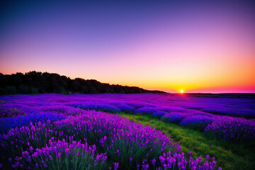 Obraz premium A field of unknown unearthly flowers at sunset. Purple, blue tones Landscape renderings