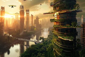 A Futuristic Cityscape at Dusk  Integrating Advanced Technology and Green Spaces to Forge a Sustainable Urban Ecosystem