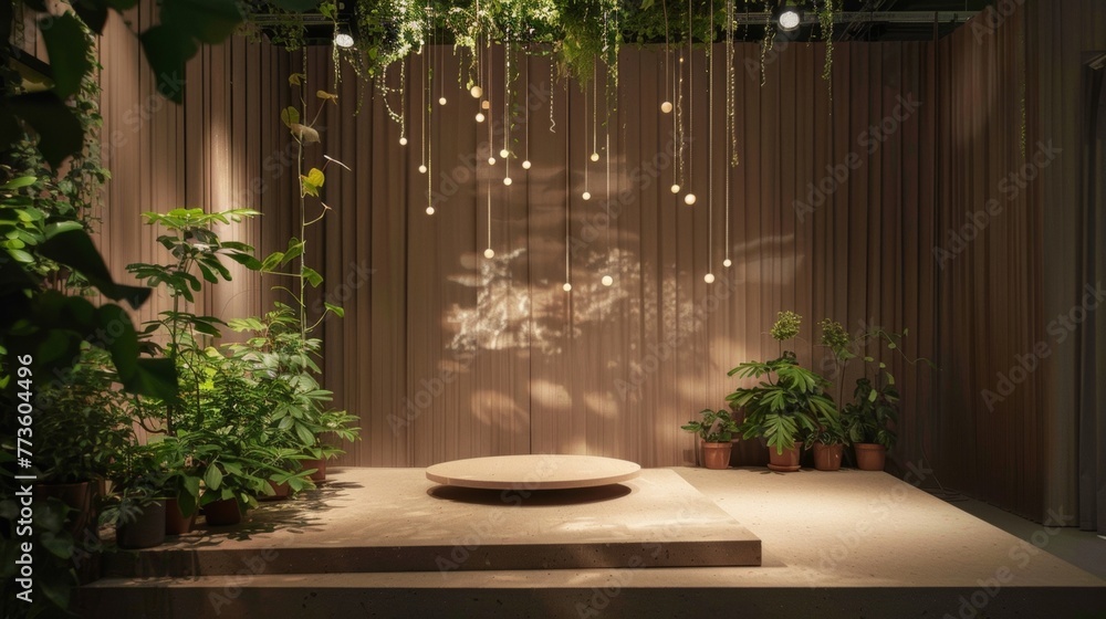 Poster softly lit by hanging string lights the podium is made entirely of recycled materials adorned with p