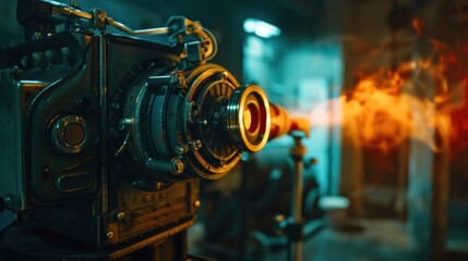 Through the lens of a vintage projector, a business magnate reflects on the journey that brought them to the pinnacle of success. - obrazy, fototapety, plakaty