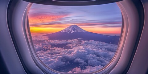 Flight into wonder: A unique window frames Mount Fuji in full splendor, bathed in sunrise glow