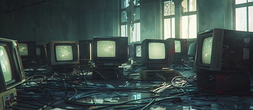 Many outdated computer monitors abandoned as a pile of garbage. Environmental problems that come from electronic waste