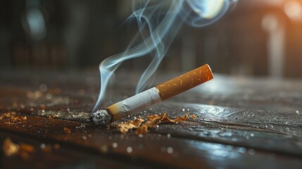 close up cigarette on wood table, copy space for text, medical and healthcare, stop smoking, 31 may world no tobacco day concept - obrazy, fototapety, plakaty