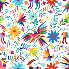 Ornate ethnic Mexican embroidery Otomi. Seamless Pattern with birds, animals and flowers on white