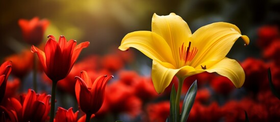 Beautiful yellow flower surrounded by vibrant red tulips under the bright sunlight in a scenic field - Powered by Adobe
