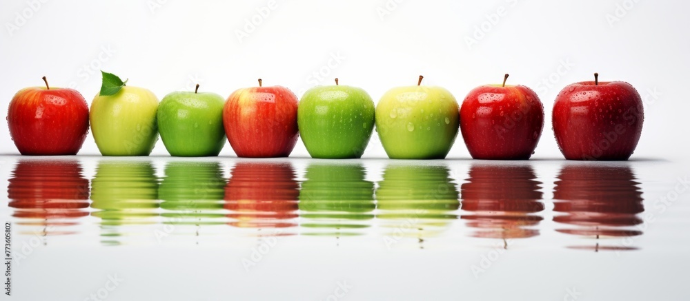 Poster multiple apples are neatly lined up in a row, each topped with a fresh green leaf, creating a deligh