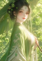 Chinese Hanfu Elegance: Beautiful Woman Smiles in Ancient Green and White, Amidst Garden Grandeur