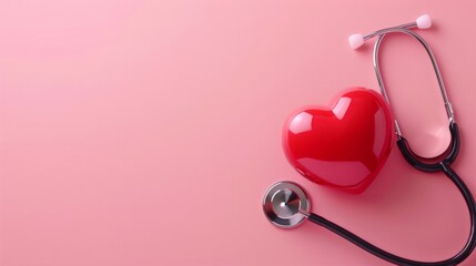Red heart with stethoscope on pink background, heart health, health insurance concept, World heart day, - obrazy, fototapety, plakaty