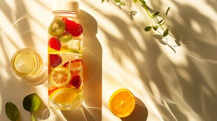 Healthy drink in a stylish glass bottle with fruit slices, fitness, hydration on white background with sun lights 