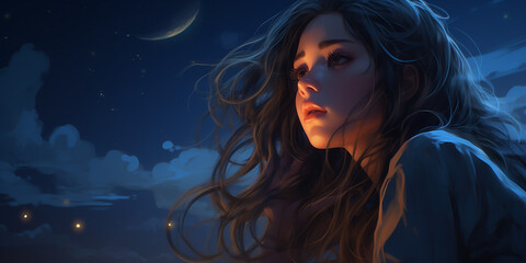  An anime girl with a hopeful expression, staring up at the night sky filled with stars, symbolizing a moment of hope and optimism amidst a backdrop of darkness, depicted in a realistic HD image.  - obrazy, fototapety, plakaty