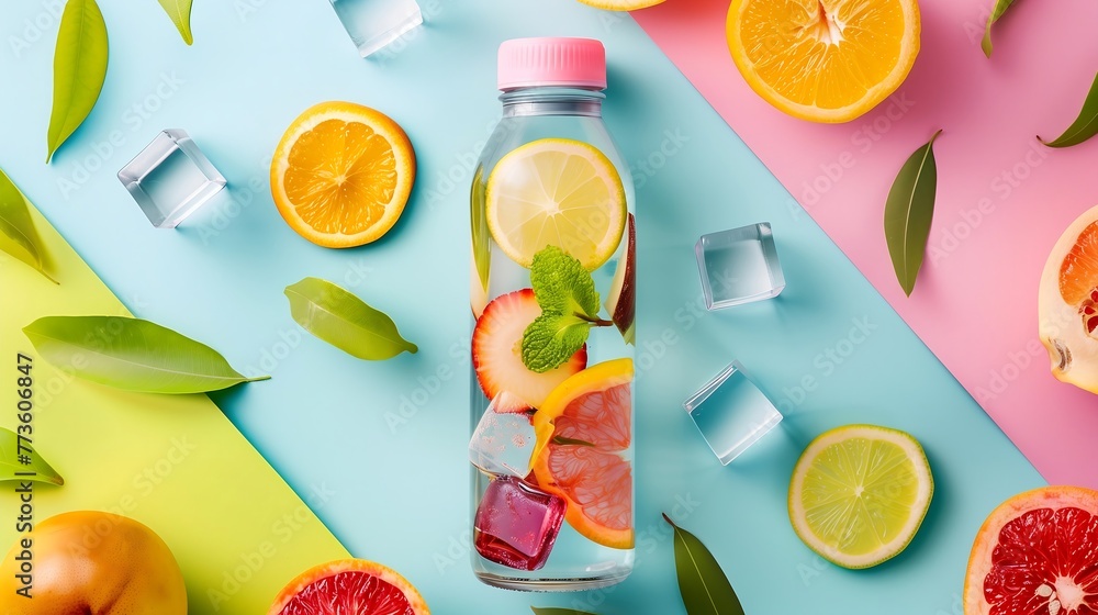 Wall mural Healthy drink in a stylish glass bottle with fruit slices and ice cubes, fitness, hydration on colorful table background  - Wall murals