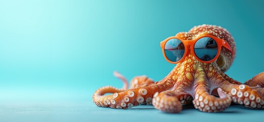 Funny octopus wearing sunglasses in studio with a colorful and bright background. Created with Generative AI. - obrazy, fototapety, plakaty