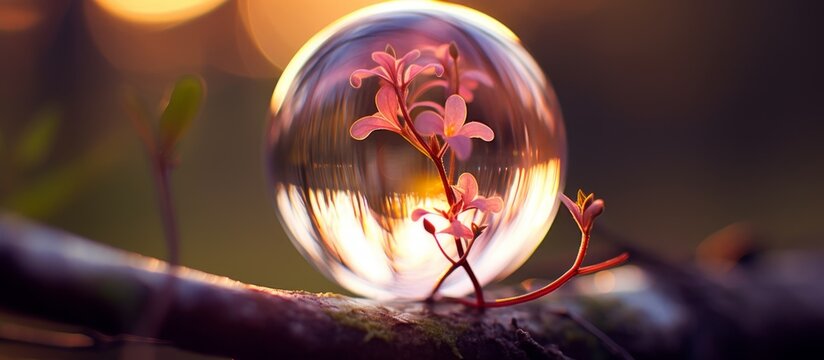 A delicate glass sphere contains a beautiful blooming flower captured inside its transparent enclosure, creating a mesmerizing display - Powered by Adobe