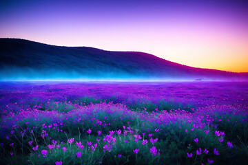 Obraz premium A field of unknown unearthly flowers at sunset. Purple, blue tones Landscape renderings