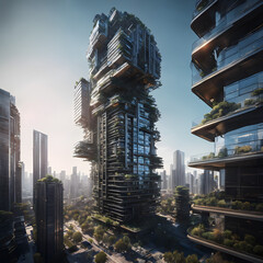 A futuristic city with a large highrise.